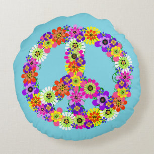 Peace Sign Floral in Blue Round Cushion
