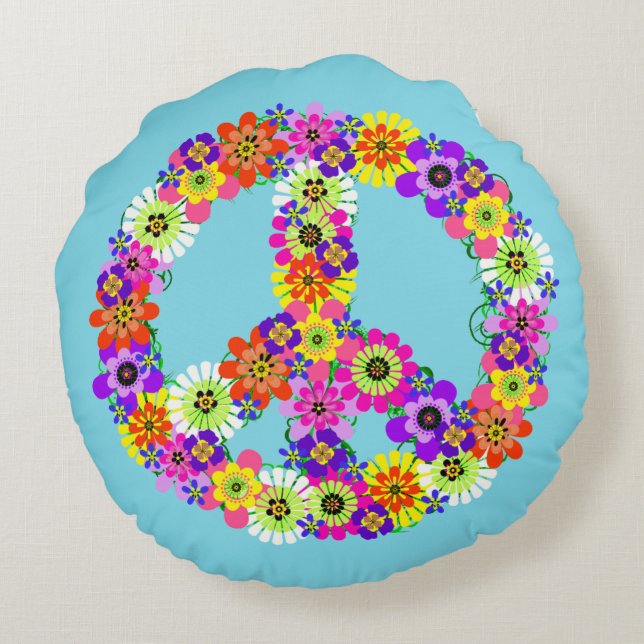 Peace Sign Floral in Blue Round Cushion (Back)