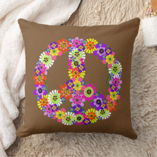 Peace Sign Floral in Brown Cushion