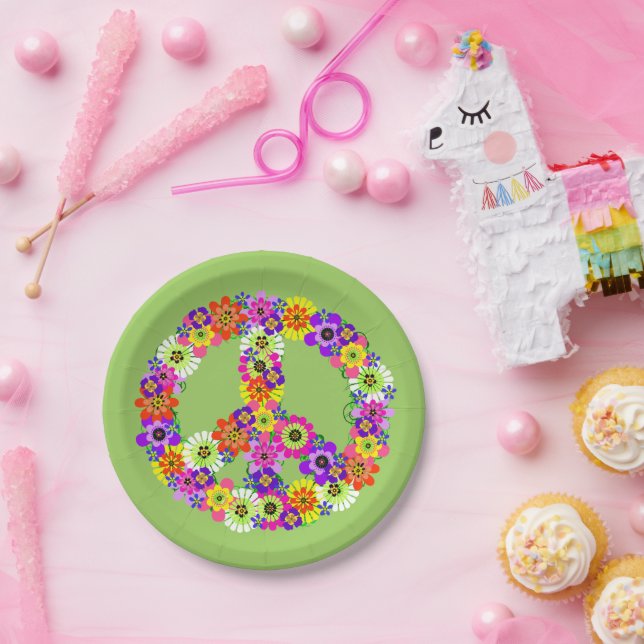 Peace Sign Floral in Green Paper Plate (Party)