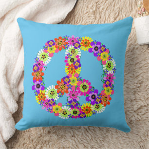 Peace Sign Floral in Light Blue Cushion