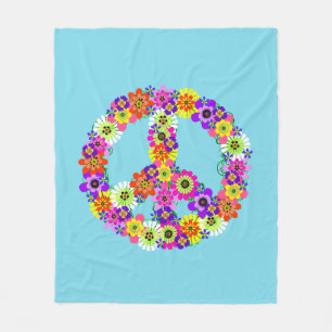 Peace Sign Floral in Light Blue Fleece Blanket