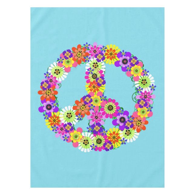 Peace Sign Floral in Light Blue Tablecloth (Front)