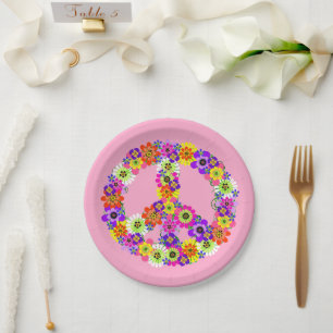 Peace Sign Floral in Light Pink Paper Plate