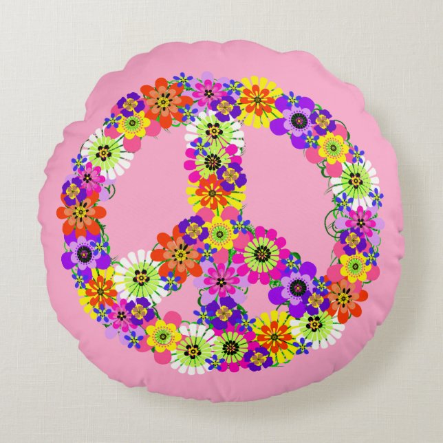 Peace Sign Floral in Light Pink Round Cushion (Front)