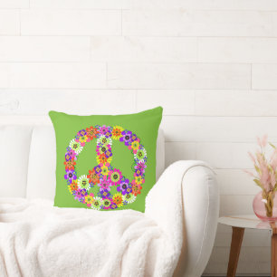 Peace Sign Floral in Lime Green Cushion