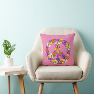 Peace Sign Floral in Pink Cushion