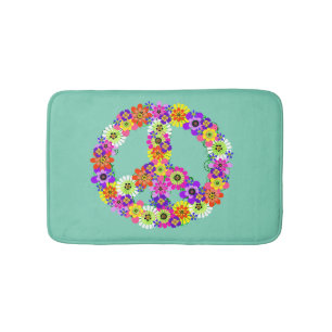 Peace Sign Floral on Aqua Bath Mat