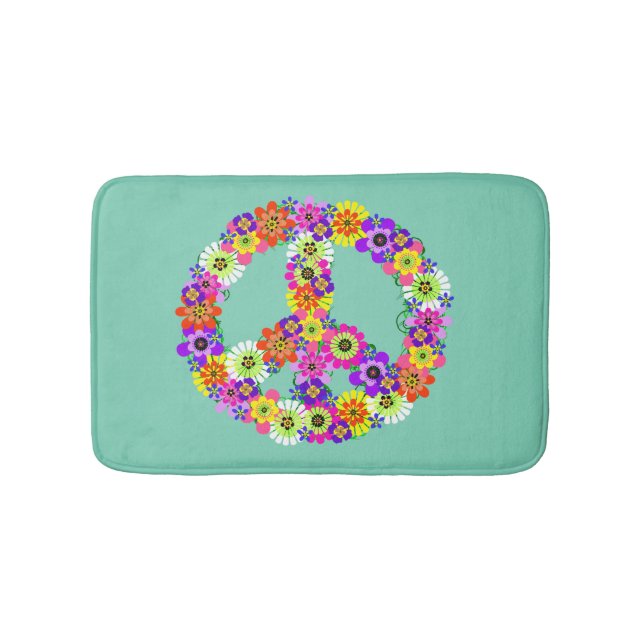 Peace Sign Floral on Aqua Bath Mat (Front)