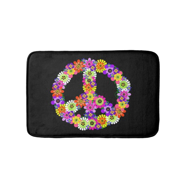 Peace Sign Floral on Black Bath Mat (Front)