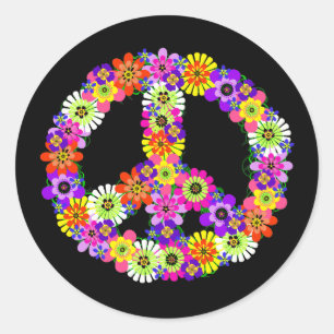Peace Sign Floral on Black Classic Round Sticker