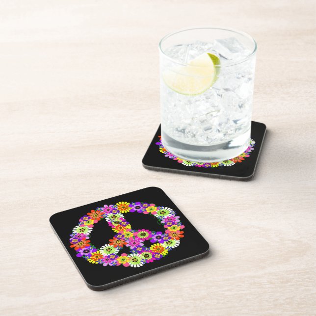 Peace Sign Floral on Black Coaster (Right Side)