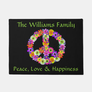 Peace Sign Floral on Black Customised Doormat
