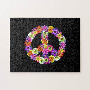 Peace Sign Floral on Black Jigsaw Puzzle