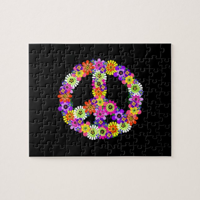 Peace Sign Floral on Black Jigsaw Puzzle (Horizontal)