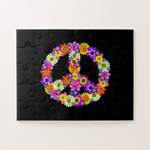 Peace Sign Floral on Black Jigsaw Puzzle