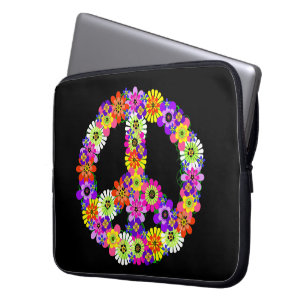 Peace Sign Floral on Black Laptop Sleeve