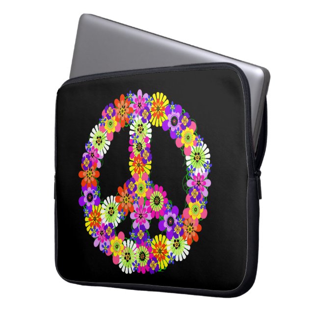 Peace Sign Floral on Black Laptop Sleeve (Front Left)