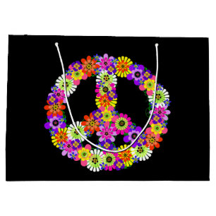 Peace Sign Floral on Black Large Gift Bag