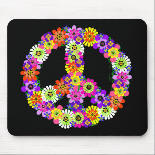 Peace Sign Floral on Black Mouse Mat