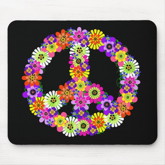 Peace Sign Floral on Black Mouse Mat (Front)