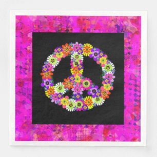 Peace Sign Floral on Black Petals Napkin