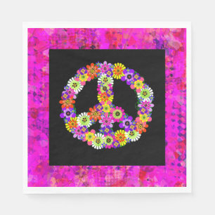 Peace Sign Floral on Black Petals Napkin