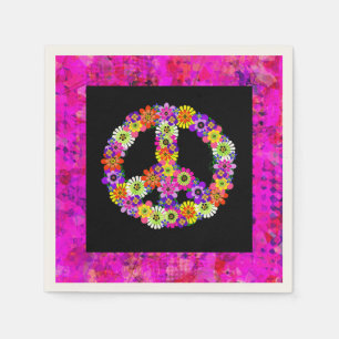 Peace Sign Floral on Black Petals Napkin