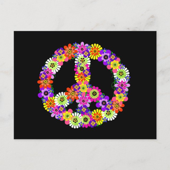 Peace Sign Floral on Black Postcard (Front)