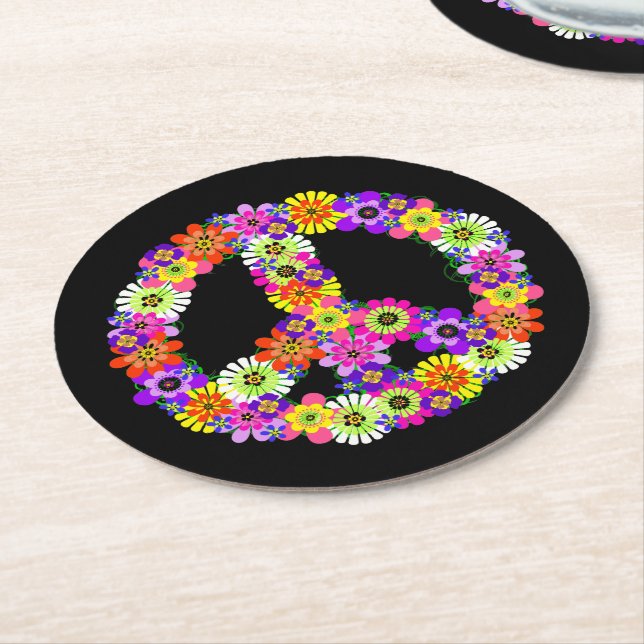 Peace Sign Floral on Black Round Paper Coaster (Angled)