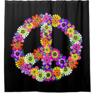 Peace Sign Floral on Black Shower Curtain
