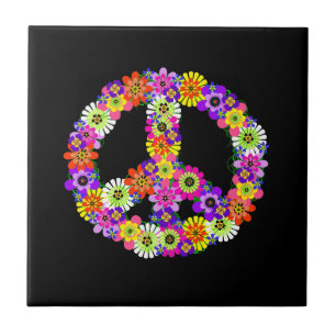 Peace Sign Floral on Black Tile