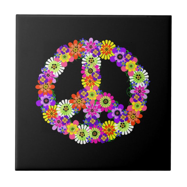 Peace Sign Floral on Black Tile (Front)