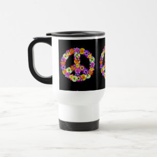 Peace Sign Floral on Black Travel Mug