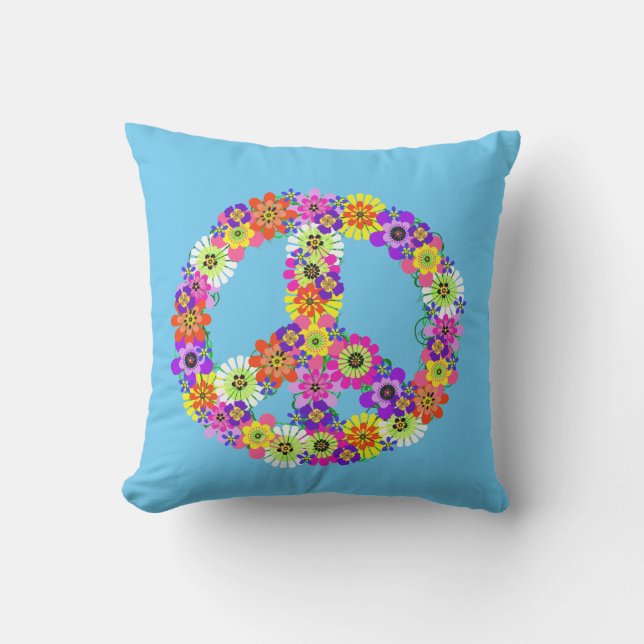 Peace Sign Floral on Blue Cushion (Front)
