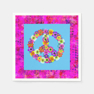 Peace Sign Floral on Blue Petals Napkin