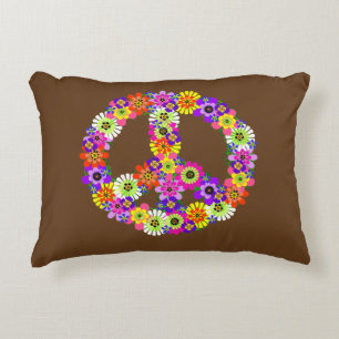 Peace Sign Floral on Brown Decorative Cushion