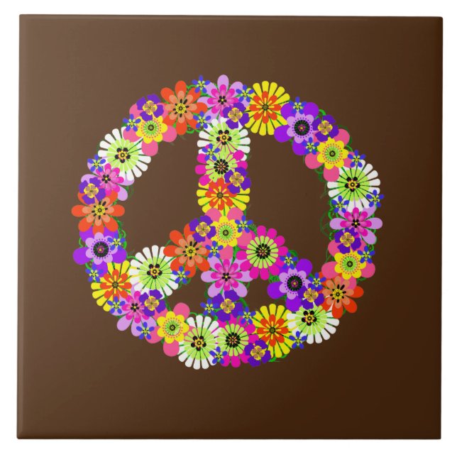 Peace Sign Floral on Brown Tile (Front)