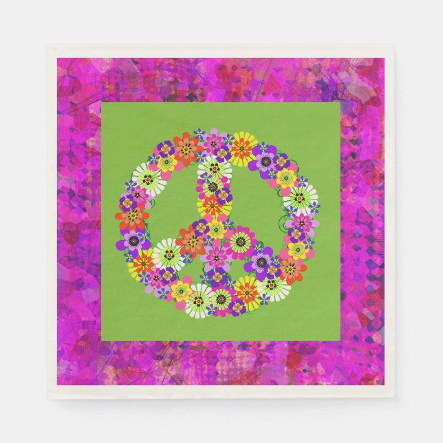 Peace Sign Floral on Lime Green Petals Napkin (Front)