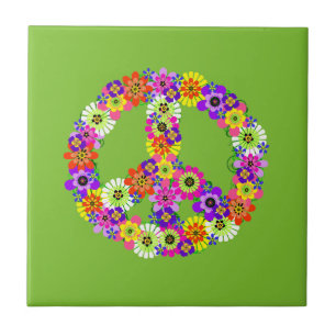 Peace Sign Floral on Lime Green Tile