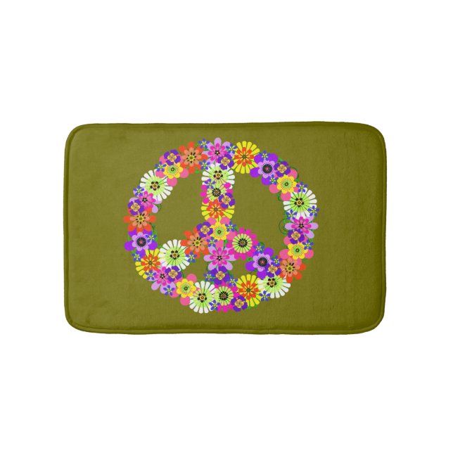 Peace Sign Floral on Olive Green Bath Mat (Front)