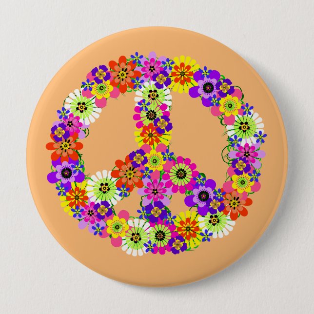 Peace Sign Floral on Peach 10 Cm Round Badge (Front)