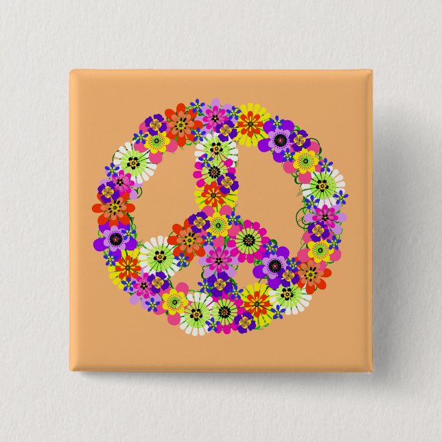 Peace Sign Floral on Peach 15 Cm Square Badge (Front)