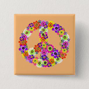 Peace Sign Floral on Peach 15 Cm Square Badge