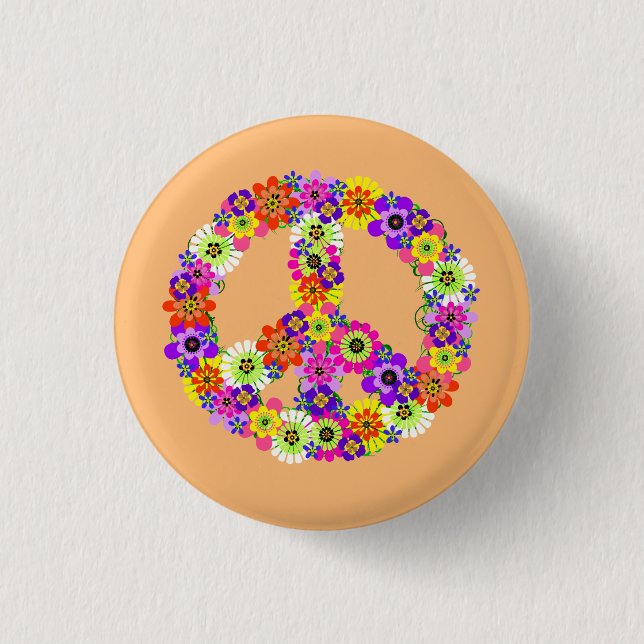 Peace Sign Floral on Peach 3 Cm Round Badge (Front)