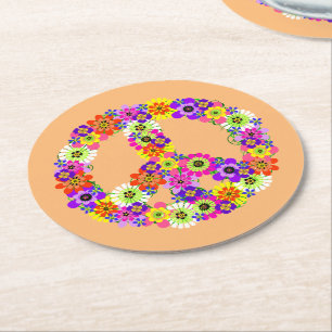 Peace Sign Floral on Peach Round Paper Coaster