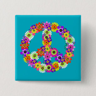 Peace Sign Floral on Turquoise 15 Cm Square Badge