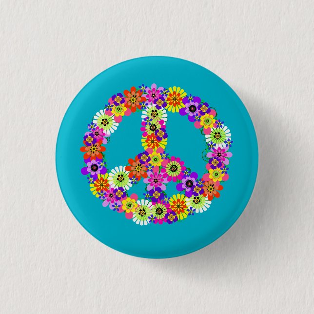 Peace Sign Floral on Turquoise 3 Cm Round Badge (Front)