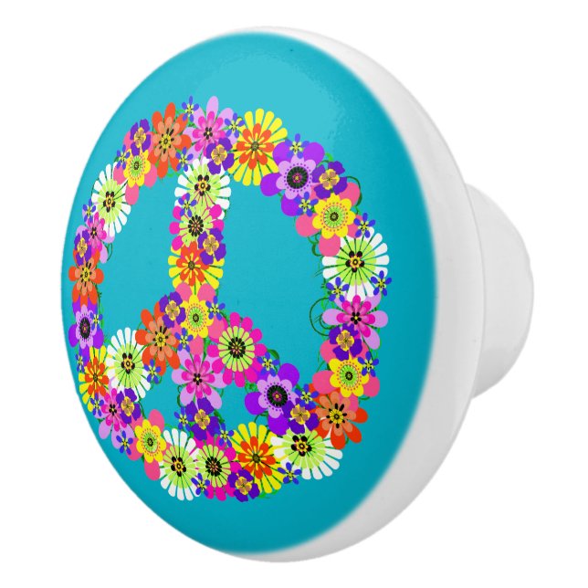 Peace Sign Floral on Turquoise Ceramic Knob (Right)
