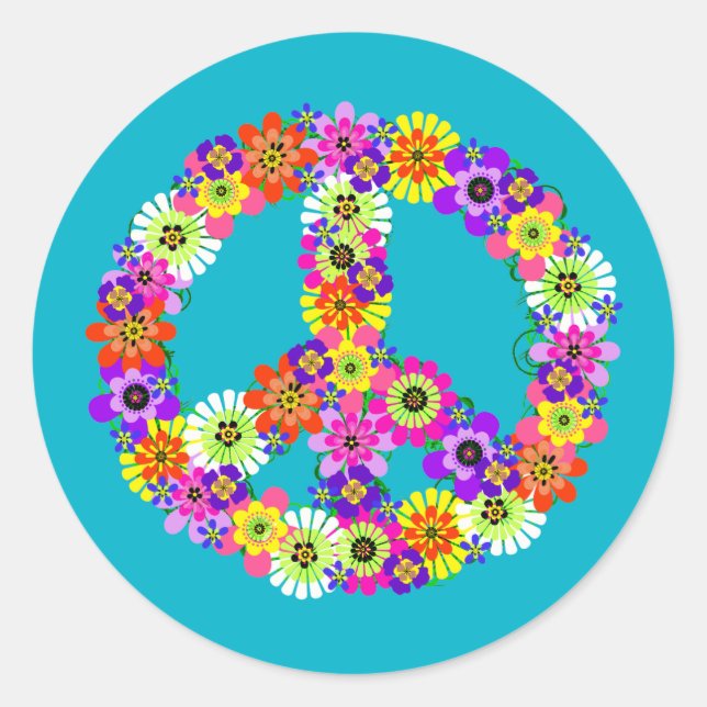 Peace Sign Floral on Turquoise Classic Round Sticker (Front)